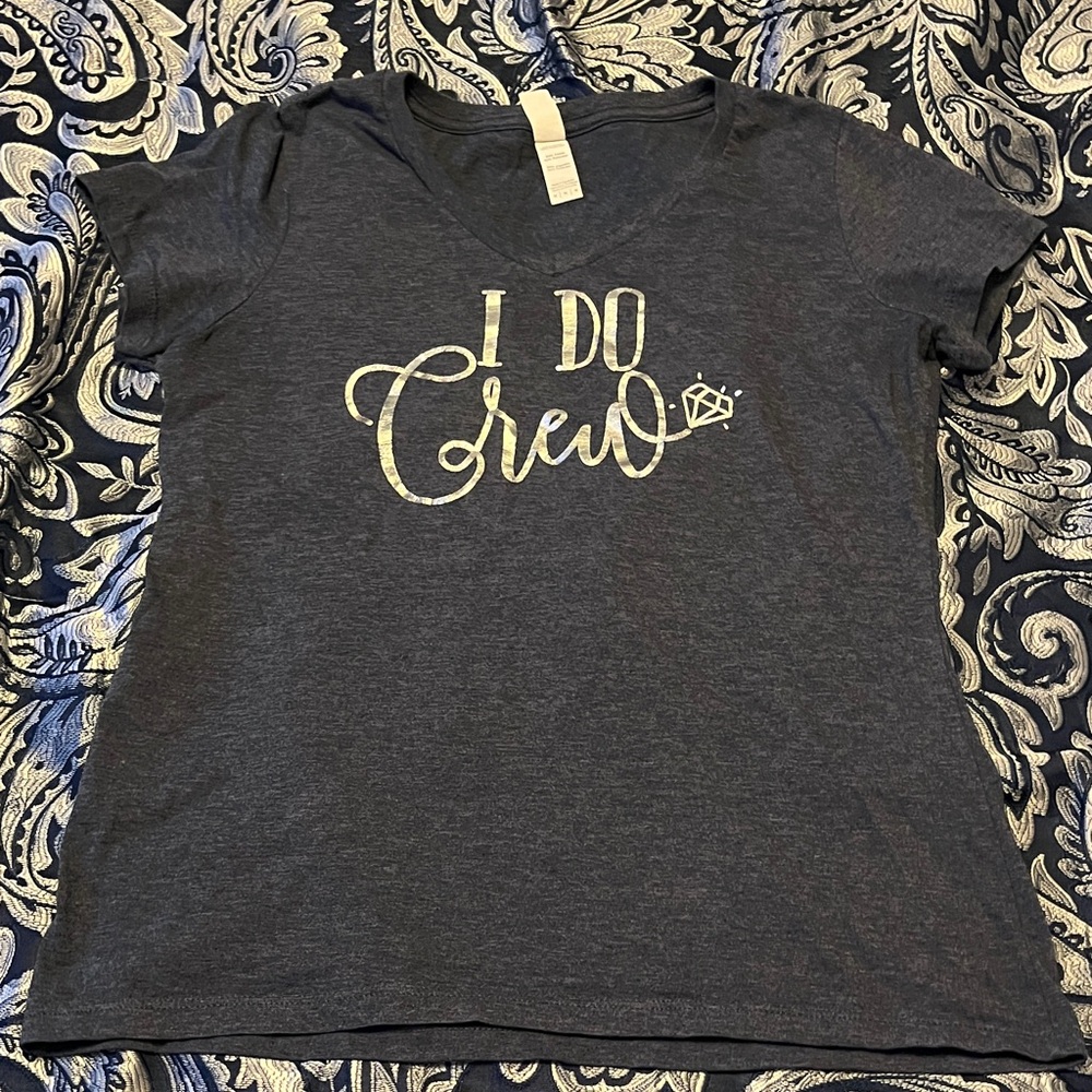 I Do Crew Women's Short Sleeve Tee - blue with silver writing